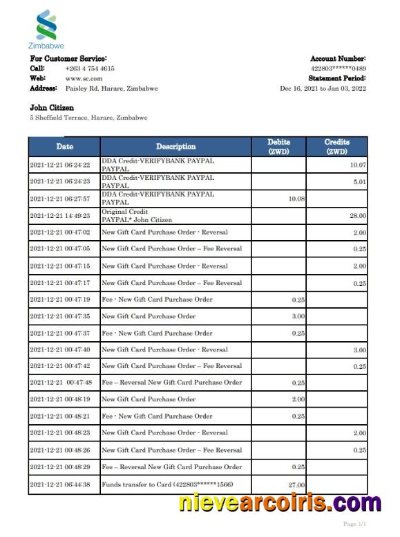 Zimbabwe Standard Chartered Bank statement